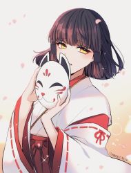 Rule 34 | 1girl, annerica, artist name, black hair, commentary, fox mask, genshin impact, gradient background, hanachirusato (genshin impact), holding, holding mask, japanese clothes, long sleeves, mask, miko, parted lips, petals, short hair, solo, wide sleeves, yellow eyes