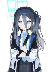 Rule 34 | 1girl, aqua halo, black hairband, blue eyes, blue necktie, blush stickers, closed mouth, coat, copyright request, cowboy shot, disembodied limb, grey hair, grey skirt, hair between eyes, hairband, halo, highres, long hair, long sleeves, looking at viewer, necktie, one side up, open clothes, open coat, pleated skirt, rectangular halo, shirt, skirt, smile, solo, wasabi60, white shirt
