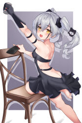 Rule 34 | 1girl, absurdres, arm up, armband, ass, back, back cutout, bare shoulders, barefoot, black armband, black dress, black gloves, black hair, blush, border, breasts, butt crack, can, chair, chinese commentary, clothing cutout, commentary request, crossed bangs, destroyer (girls&#039; frontline), dress, feet, foot out of frame, girls&#039; frontline, gloves, hair between eyes, hair ornament, hair tubes, highres, holding, holding can, long hair, looking at viewer, looking back, medium breasts, multicolored hair, mz (yeye ai chipao mian), on chair, open mouth, purple background, sangvis ferri, sideboob, single glove, solo, streaked hair, tears, teeth, toes, twintails, upper teeth only, white border, white hair, yellow eyes