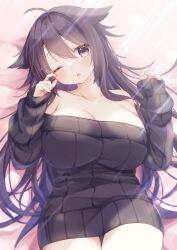 Rule 34 | 1girl, ahoge, bare shoulders, bed sheet, black dress, black hair, black sweater, breasts, cleavage, collarbone, cowboy shot, dress, fang, from above, gomano rio, hair between eyes, hair flaps, hair spread out, hands up, head tilt, highres, large breasts, light blush, light rays, long hair, long sleeves, looking at viewer, lying, off-shoulder dress, off shoulder, on back, one eye closed, original, parted lips, purple eyes, ribbed dress, ribbed sweater, rubbing eyes, sleepy, sleeves past wrists, solo, sunlight, sweater, sweater dress