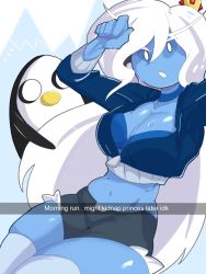 Rule 34 | 1girl, 1other, adventure time, bird, blue bra, blue jacket, blue skin, bra, breasts, cleavage, colored skin, commentary, cropped jacket, crown, english commentary, english text, genderswap, genderswap (mtf), gunter (adventure time), highres, ice queen (adventure time), jacket, large breasts, legs together, long eyebrows, looking at viewer, midriff, mini crown, navel, no pupils, penguin, selfie, shorts, skel, skindentation, snapchat, solo focus, sweat, thick thighs, thighhighs, thighs, underwear, white eyes, white hair