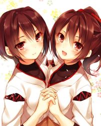 Rule 34 | 2girls, :d, brown eyes, brown hair, hair ribbon, holding hands, highres, hyuuga (kancolle), interlocked fingers, ise (kancolle), japanese clothes, kantai collection, looking at viewer, multiple girls, one-hour drawing challenge, open mouth, ponytail, ribbon, short hair, smile, symmetrical hand pose, toosaka asagi