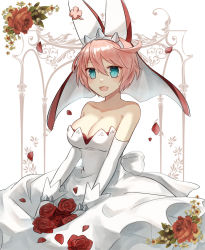 Rule 34 | 1girl, ahoge, animal ears, bad id, bad pixiv id, blue eyes, blush, bracelet, breasts, bridal veil, bride, cleavage, clover, collarbone, detached sleeves, dress, elphelt valentine, fake animal ears, flower, four-leaf clover, gloves, guilty gear, guilty gear xrd, hairband, highres, huge ahoge, jewelry, large breasts, makiba (mgmgcat), open mouth, petals, pink hair, rabbit ears, rose, shaded face, short hair, simple background, smile, solo, spiked bracelet, spiked hairband, spikes, veil, wedding dress, white background, white gloves, white sleeves
