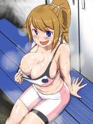 Rule 34 | 10s, 1girl, :d, bike shorts, blue eyes, breasts, brown hair, cleavage, clothes pull, flashing, gundam, gundam build fighters, gundam build fighters try, highres, hoshino fumina, large breasts, midriff, navel, nipple slip, nipples, open mouth, ponytail, scrunchie, sitting, smile, solo, sports bra, sports bra pull, steam, sweat, wanao