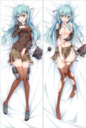 Rule 34 | 10s, 1girl, aqua eyes, aqua hair, ascot, bakugadou, bed sheet, black footwear, blush, breasts, brown jacket, brown skirt, brown thighhighs, buttons, cannon, collared shirt, convenient censoring, dakimakura (medium), eyebrows, full body, hair between eyes, hair censor, hair ornament, hair over breasts, hairclip, hand on own arm, hand on own chest, jacket, kantai collection, knees together feet apart, large breasts, loafers, long hair, long sleeves, looking at viewer, lying, medium breasts, multiple views, navel, no bra, no shoes, on back, open mouth, pleated skirt, school uniform, shirt, shoes, sidelocks, skirt, smile, stomach, suzuya (kancolle), thighhighs, torn clothes, torn jacket, torn legwear, torn shirt, torn skirt, white shirt, zettai ryouiki
