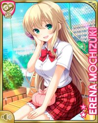 Rule 34 | 1girl, bench, blonde hair, blush, bow, bowtie, braid, breasts, card (medium), cyberagent, day, female focus, girlfriend (kari), green eyes, hair ribbon, hand on own face, large breasts, long hair, mochizuki erena, nervous smile, official art, open mouth, outdoors, plaid, plaid skirt, qp:flapper, red bow, red skirt, ribbon, school, school uniform, shirt, sitting, skirt, smile, solo, tagme, white shirt