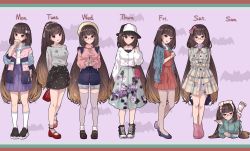 Rule 34 | 1girl, absurdres, arms behind back, bag, bow, bracelet, brown eyes, brown hair, casual, crepe, cup, denim, denim shorts, disposable cup, drawing tablet, dress, earrings, eating, fate/grand order, fate (series), floral print, food, glasses, hair bow, handbag, hane yuki, hat, highres, jacket, jacket on shoulders, jewelry, long hair, lying, multiple views, on stomach, osakabehime (fate), pantyhose, ponytail, shorts, smile, stylus, thighhighs, very long hair