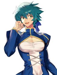 Rule 34 | 1boy, :d, artoria pendragon (all), artoria pendragon (fate), blue bow, blue hair, bow, cleavage cutout, clothing cutout, cosplay, crossdressing, fate (series), green eyes, hair between eyes, hair bow, highres, johan andersen, long sleeves, male focus, open mouth, saber (fate), saber (fate) (cosplay), short hair, simple background, smile, solo, soo joop, white background, yu-gi-oh!, yu-gi-oh! gx