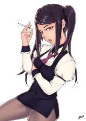 Rule 34 | 1girl, black hair, cigarette, highres, jill stingray, long hair, long sleeves, looking at viewer, manatsu (live), open mouth, pantyhose, pencil skirt, ponytail, puffy long sleeves, puffy sleeves, purple skirt, purple vest, red eyes, simple background, skirt, smoke, smoking, solo, tobacco, tongue, tooth, va-11 hall-a, vest, white background, wing collar