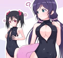 Rule 34 | 10s, 2girls, ?, anger vein, black hair, breast envy, breasts, cleavage, cleavage cutout, clothing cutout, covered navel, front zipper swimsuit, green eyes, hip vent, k10k, long hair, love live!, love live! school idol project, meme attire, multiple girls, one-piece swimsuit, purple hair, red eyes, small breasts, swimsuit, tojo nozomi, twintails, yazawa nico