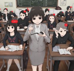 Rule 34 | 6+boys, 6+girls, abstract, afro, bag, black eyes, black hair, black serafuku, blunt bangs, book, chair, chalkboard, classroom, commentary request, cup, desk, drinking, earrings, eraser, formal, frown, gakuran, glasses, grey hair, grey jacket, grey skirt, jacket, jewelry, locker, medium hair, mohawk, multiple boys, multiple girls, neckerchief, open clothes, original, parted bangs, pen, pencil case, pencil skirt, poster (object), reading, red neckerchief, sailor collar, school bag, school chair, school desk, school uniform, serafuku, shirt, shoes, single earring, sitting, skirt, skirt suit, sleeping, socks, standing, suit, tagme, teacher and student, teaching, teacup, textbook, tile floor, tiles, translation request, twintails, wall, white shirt, yajirushi (chanoma)