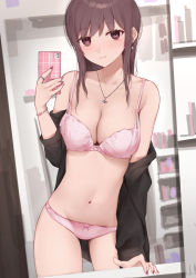 Rule 34 | 1girl, arm support, bare shoulders, black shirt, blush, bow, bow bra, bow panties, bra, breasts, brown eyes, brown hair, cellphone, cleavage, closed mouth, collarbone, commentary request, ear piercing, earrings, hand up, highres, holding, holding phone, jewelry, kanju, long hair, medium breasts, mole, mole on breast, mole under eye, nail art, nail polish, navel, off shoulder, open clothes, open shirt, original, panties, pendant, phone, piercing, pink bra, pink nails, pink panties, selfie, shirt, smile, solo, underwear