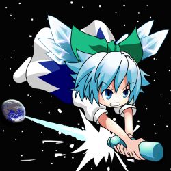 Rule 34 | 1girl, blue dress, blue eyes, blue hair, bottle, bow, cirno, clenched teeth, dress, earth (planet), fairy, fairy wings, flying, green bow, hair bow, highres, ice, ice wings, open mouth, planet, puffy short sleeves, puffy sleeves, ribbon, short hair, short sleeves, space, star (symbol), teeth, touhou, water, wings