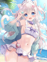 Rule 34 | 1girl, :3, :d, animal ear fluff, animal ears, aqua cardigan, arm at side, arm garter, beach, bikini, blue eyes, blue sky, blush, bow, bow bikini, bracelet, breasts, cameltoe, cardigan, cat ears, cat girl, cat tail, choker, collarbone, commentary request, cowboy shot, curvy, day, fang, floating hair, frilled bikini, frilled choker, frills, glint, gluteal fold, grey hair, hair between eyes, hair bow, hair ornament, hand up, happy, heart, heart hair ornament, highleg, highleg bikini, highres, holding, jewelry, long hair, looking at viewer, maid headdress, medium breasts, mikeou, nail polish, navel, ocean, open cardigan, open clothes, open mouth, original, outdoors, palm leaf, pink bow, pink nails, purple bow, sample watermark, sideboob, skindentation, sky, slit pupils, smile, solo, sunlight, swimsuit, tail, tail raised, thigh gap, two side up, very long hair, watermark, white bikini