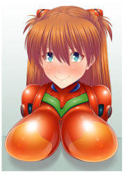Rule 34 | 1girl, adapted costume, alternate breast size, blue eyes, blush, bodysuit, breasts, brown hair, hair ornament, large breasts, lips, long hair, looking at viewer, naughty face, neon genesis evangelion, nipples, pixiv1478062, plugsuit, red bodysuit, shiny clothes, shiny skin, skin tight, smile, solo, souryuu asuka langley, two side up, upper body, very long hair