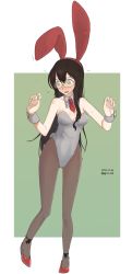 Rule 34 | 1girl, alternate costume, animal ears, black hair, blush, commentary request, dated, detached collar, fake animal ears, fang, flying sweatdrops, full body, glasses, green background, green eyes, grey leotard, highres, infini, kantai collection, leotard, long hair, necktie, ooyodo (kancolle), open mouth, pantyhose, playboy bunny, rabbit ears, rabbit tail, red footwear, red necktie, semi-rimless eyewear, solo, strapless, strapless leotard, tail, twitter username, two-tone background, under-rim eyewear, white background, wrist cuffs