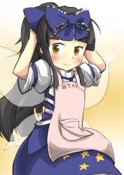 Rule 34 | 1girl, alternate hairstyle, apron, black hair, blush, character name, clothes writing, fairy wings, gaoo (frpjx283), gradient background, hair ribbon, highres, long hair, looking at viewer, ponytail, puffy short sleeves, puffy sleeves, ribbon, short sleeves, sidelocks, simple background, skirt, skirt set, smile, solo, star sapphire, touhou, wings, yellow background, yellow eyes