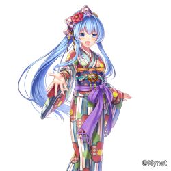 Rule 34 | 1girl, :d, blue eyes, blue hair, blush, bow, cao (sanguko infinity), flower, hair bow, hair flower, hair ornament, highres, japanese clothes, kimono, long hair, looking at viewer, official art, open mouth, otosume ruiko, outstretched hand, sangoku infinity, simple background, smile, solo, standing, very long hair, watermark, wide sleeves