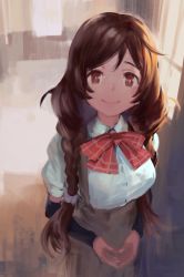 Rule 34 | 1girl, bow, bowtie, braid, breasts, brown hair, closed mouth, collared shirt, had (had314), highres, indoors, kantai collection, long hair, looking at viewer, minegumo (kancolle), own hands together, painting (medium), red bow, red bowtie, school uniform, shirt, short sleeves, skirt, smile, solo, suspender skirt, suspenders, traditional media, twin braids, watercolor (medium), white shirt, window