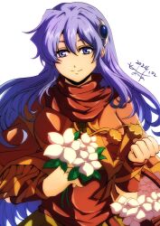Rule 34 | akane kazami, basket, blue eyes, blue hair, breasts, cloak, dated, double-parted bangs, floating hair, flower, flower basket, hair between eyes, hair ornament, highres, holding, holding flower, large breasts, long hair, looking at viewer, portrait, scarf, signature, simple background, smile, tia (ys), upper body, white background, ys, ys seven