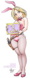Rule 34 | 1girl, animal ears, bare shoulders, blonde hair, blue eyes, bow, bowtie, breasts, character name, cleavage, commentary request, detached collar, fake animal ears, gun, handgun, highres, holding, holding sign, holster, large breasts, leotard, original, pantyhose, pistol, playboy bunny, rabbit ears, revolver, rose gardener, round girl, see-through, see-through legwear, short hair, sign, smile, solo, standing, weapon, wrist cuffs, yabataso