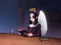 1girl alrissa_cynnesh angel angel_wings artist_name black_lips blue_eyes book breasts coin elf feathered_wings habit halo highres jewelry large_breasts mephiscrypie necklace open_book original pointy_ears reading rope sitting solo table traditional_halo wings