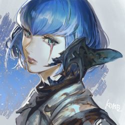 Rule 34 | 1girl, artist name, au ra, blue eyes, blue hair, commentary, dragon horns, expressionless, final fantasy, final fantasy xiv, frischenq, from side, horns, looking to the side, mide hotgo, portrait, scales, scar, scar across eye, scar on face, short hair, signature, solo