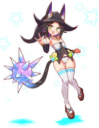 Rule 34 | 1girl, \n/, animal ears, ball and chain (weapon), black hair, black hat, black shirt, black sleeves, blue hair, brown footwear, cat ears, cat girl, cat tail, commentary, cougar (cougar1404), cross, detached collar, detached sleeves, ears through headwear, gluteal fold, green eyes, hat, levilina (cougar1404), looking at viewer, medium hair, multicolored hair, navel, no pants, open mouth, original, panties, shirt, shoes, smile, solo, standing, standing on one leg, star (symbol), strapless, strapless shirt, tail, thigh gap, thighhighs, two-tone hair, underwear, white panties, white thighhighs, witch hat