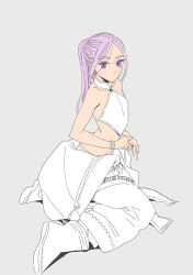Rule 34 | 1boy, androgynous, baggy pants, boots, bracelet, chinese clothes, dudou, earrings, from above, from behind, hair strand, halterneck, highres, jewelry, kneeling, looking at viewer, looking back, male focus, mongolian clothes, original, pants, partially colored, ponytail, purple eyes, purple hair, solo, tmku, trap, tying