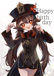 Rule 34 | 1girl, :d, black hat, black nails, blush, boo tao (genshin impact), brown coat, brown hair, brown shorts, coat, coattails, cowboy shot, flower, flower-shaped pupils, genshin impact, hair between eyes, happy birthday, hat, hat flower, hat tassel, highres, hu tao (genshin impact), long hair, long sleeves, looking at viewer, new gnsn, open mouth, orange eyes, shorts, simple background, smile, solo, symbol-shaped pupils, twintails, white background
