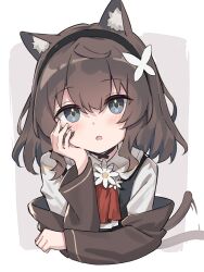 Rule 34 | 1girl, afterimage, animal ear fluff, animal ears, arm support, black choker, black hairband, black vest, brown coat, brown hair, cat ears, cat girl, cat tail, choker, coat, commentary request, grey eyes, hairband, head rest, highres, kurioshi fio, long sleeves, looking at viewer, medium hair, off shoulder, open clothes, open coat, open mouth, original, satou (3366 s), shirt, simple background, tail, tail wagging, vest, white shirt