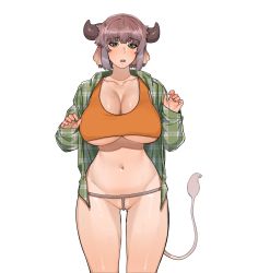 Rule 34 | 1girl, 6no1, absurdres, breasts, brown hair, cleavage, commentary, copyright request, crop top, dress shirt, green eyes, green shirt, hands up, highres, horns, huge breasts, legs apart, long sleeves, looking at viewer, navel, no pants, open clothes, open mouth, open shirt, orange shirt, plaid, plaid shirt, shirt, simple background, sleeves past wrists, solo, standing, sweat, tail, teeth, thong, underboob, upper teeth only, white background