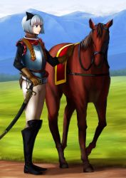 Rule 34 | 1girl, armor, belt, belt buckle, black footwear, black hairband, blue eyes, bob cut, boots, bow, brown gloves, buckle, bukimi isan, cavalry, cavalry sword, collar, cuirass, gloves, grass, hair bow, hairband, highres, horse, knee boots, konpaku youmu, leather, leather gloves, military, military uniform, mountainous horizon, pants, pants tucked in, plate armor, saber (weapon), saddle, scabbard, sheath, sheathed, short hair, silver hair, solo, standing, sword, touhou, uniform, weapon, white pants