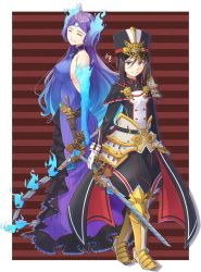 Rule 34 | 2girls, blue fire, breasts, brighid (xenoblade), closed eyes, dlllll lllllb, dress, elbow gloves, fiery hair, fire, gloves, highres, large breasts, long hair, morag ladair (xenoblade), multiple girls, purple dress, purple hair, thighhighs, very long hair, weapon, whip sword, xenoblade chronicles (series), xenoblade chronicles 2