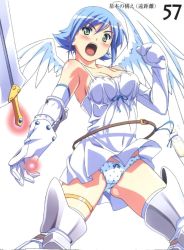 Rule 34 | 00s, angel, angel of light nanael, angel wings, artbook, asymmetrical wings, bare shoulders, blue hair, blush, boots, elbow gloves, gloves, green eyes, highres, kuuchuu yousai, miniskirt, nanael (queen&#039;s blade), nanael (queen's blade), panties, polka dot, polka dot panties, queen&#039;s blade, scan, short hair, skirt, solo, sword, thighhighs, underwear, weapon, wind, wind lift, wings