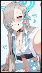 Rule 34 | 1girl, all fours, asuna (blue archive), bed sheet, black choker, black hair, blue archive, blue eyes, blush, breasts, brown hair, choker, hair over one eye, halo, highres, large breasts, long hair, looking at viewer, pleated skirt, selfie, shirt, short sleeves, skirt, smile, solo, teeth, white background, white shirt, zanya 000