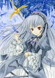 Rule 34 | 1girl, absurdres, acrylic paint (medium), flower, hairband, highres, long hair, painting (medium), red eyes, rose, rozen maiden, silver hair, solo, suigintou, sword, traditional media, weapon, wings