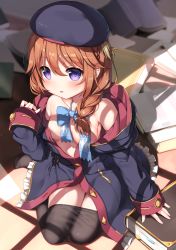 Rule 34 | 1girl, :o, bare shoulders, beret, black coat, black hat, black pantyhose, blue bow, blurry, blurry background, blush, book, bow, braid, breasts, brown hair, clothes pull, coat, collarbone, depth of field, ezoshika, hair between eyes, hair over shoulder, hand up, hat, hood, hood down, hooded coat, indoors, long hair, long sleeves, naked coat, no shoes, off shoulder, open book, pantyhose, pantyhose pull, parted lips, princess connect!, purple eyes, sitting, sleeves past wrists, small breasts, solo, yokozuwari, yuni (princess connect!)