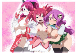 Rule 34 | 3girls, absurdres, blue eyes, blush, breasts, breasts out, clothes lift, cosplay, fairy tail, glasses, highres, lala satalin deviluke (cosplay), large breasts, lexus (artist), long hair, looking at viewer, meredy (fairy tail), multiple girls, navel, nipples, open clothes, open mouth, pink hair, purple hair, pussy, red eyes, red hair, sheria blendy, sherry blendy, shirt, shirt lift, skirt, skirt lift, smile, thighhighs, uncensored