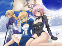 Rule 34 | 3girls, ahoge, armor, armored dress, artoria pendragon (all), artoria pendragon (fate), black gloves, black leotard, blonde hair, blue dress, blue eyes, blue ribbon, blush, braid, breasts, capelet, cleavage, cleavage cutout, closed mouth, clothing cutout, collar, cross-laced clothes, dress, fate/apocrypha, fate/grand order, fate/stay night, fate (series), faulds, flag, french braid, gauntlets, gloves, green eyes, hair bun, hair over one eye, hair ribbon, headpiece, highleg, highleg leotard, highres, hip focus, jeanne d&#039;arc (fate), jeanne d&#039;arc (ruler) (fate), juliet sleeves, large breasts, legs, leotard, light purple hair, long braid, long hair, long sleeves, looking at viewer, mash kyrielight, metal collar, multiple girls, pauldrons, piukute062, plackart, puffy sleeves, purple dress, purple eyes, ribbon, saber (fate), short hair, shoulder armor, single braid, single hair bun, small breasts, smile, thigh strap, thighs, very long hair