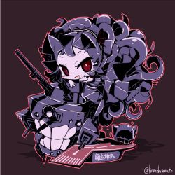 Rule 34 | 10s, 1girl, abyssal ship, black dress, black hair, blush, bonnet, chibi, dress, frilled dress, frills, gothic lolita, horns, isolated island oni, kantai collection, kawachi yamato, lolita fashion, long hair, machinery, open mouth, outline, red eyes, runway, shadow, smile, solo, turret, twitter username
