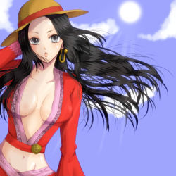 Rule 34 | 1girl, amazon lily, black hair, boa hancock, breasts, cleavage, earrings, female focus, hat, jewelry, long hair, midriff, navel, one piece, outdoors, skirt, sky, solo, straw hat, wind