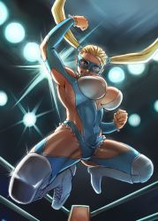 Rule 34 | 1girl, bare shoulders, blonde hair, blue eyes, breasts, cleavage, clothing cutout, from below, grin, large breasts, leotard, long hair, mask, nyaasora, rainbow mika, shoulder cutout, smile, solo, street fighter, street fighter v, twintails, wrestling outfit