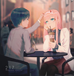 Rule 34 | 10s, 1boy, 1girl, black hair, black pantyhose, blunt bangs, contemporary, cup, darling in the franxx, drinking glass, formal, green eyes, grey suit, hand on another&#039;s head, highres, hiro (darling in the franxx), horns, long hair, pantyhose, pink hair, red skirt, short hair, sitting, skirt, suit, wudi sao nian, zero two (darling in the franxx)