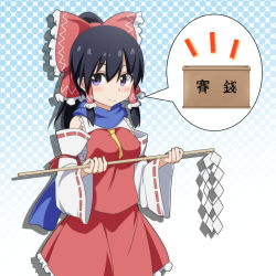 Rule 34 | 1girl, adapted costume, between breasts, black hair, blush, bow, box, breasts, cato (monocatienus), detached sleeves, donation box, dress, gohei, gradient background, hair bow, hair tubes, hakurei reimu, halftone, halftone background, long sleeves, looking at viewer, ponytail, purple eyes, red dress, ribbon-trimmed sleeves, ribbon trim, scarf, smile, solo, spoken object, touhou, translated, wide sleeves