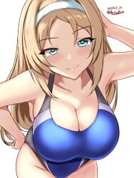 Rule 34 | 1girl, black one-piece swimsuit, blonde hair, blue eyes, blue one-piece swimsuit, blush, breasts, competition swimsuit, covered navel, cowboy shot, dated, hair between eyes, hairband, highleg, highleg swimsuit, highres, kantai collection, large breasts, long hair, long sleeves, looking at viewer, montemasa, nelson (kancolle), one-hour drawing challenge, one-piece swimsuit, simple background, smile, solo, swimsuit, twitter username, two-tone swimsuit, white background