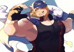 Rule 34 | 1boy, animal ears, bara, baseball cap, commentary request, facial hair, fang, furry, furry male, gloves, goatee, hat, headphones, headphones around neck, highres, indie virtual youtuber, jacket, jacket on shoulders, kinji ninomiya, lion boy, lion ears, lion mane, lion tail, looking at viewer, male focus, open mouth, partially fingerless gloves, sawch cls, shirt, sleeveless, sleeveless shirt, tail, white background