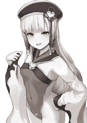 Rule 34 | 1girl, bare shoulders, beret, braid, breasts, covered navel, detached sleeves, erune, eyeliner, granblue fantasy, greyscale, hat, highres, long hair, looking at viewer, makeup, monochrome, multiple braids, nosuku, open mouth, pholia, quad braids, short eyebrows, side braids, sideless outfit, small breasts, smile, solo, thighs, very long hair, wide sleeves