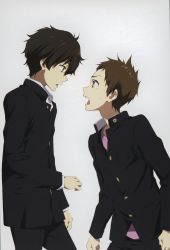 Rule 34 | 10s, 2boys, absurdres, black hair, blush, brown eyes, brown hair, buttons, clenched hands, fukube satoshi, gakuran, gradient background, green eyes, highres, hyouka, looking at another, male focus, multiple boys, official art, open mouth, oreki houtarou, scan, school uniform, short hair, simple background, unbuttoned, uniform, white background