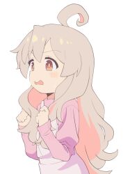 Rule 34 | 1girl, ahoge, brown eyes, commentary, from side, grey hair, highres, long hair, long sleeves, looking away, onii-chan wa oshimai!, open mouth, oyama mahiro, simple background, solo, upper body, wavy hair, wavy mouth, white background, ximu shilang